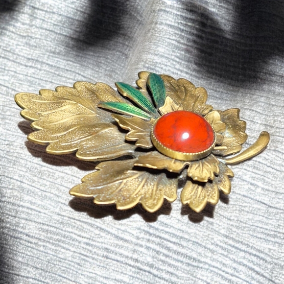 Vintage Maple Leaf Brooch Pin Layered Multi Metal & Agate Accent 2" Fall Jewelry - Picture 3 of 6